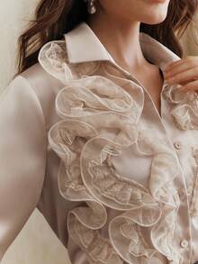 Anewsta Elegant French Retro Champagne Color 3D Ruffle Lace Decor Long Sleeve Office Blouse For Women - Champagne - View 1