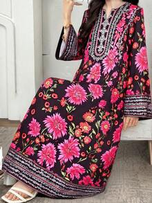 Bata de mujer y adolescente con cuello en V, manga larga, casual y holgada con estampado, adecuada para fiestas, ocio y uso diario - Multicolor - Ver 2