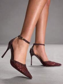 CUCCOO SZL Sapatos de salto alto de bico fino na cor champanhe com strass e painéis de tule, sapatos de festa luxuosos e brilhantes para mulheres, ideais para casamentos. - Borgonha - Ver 3