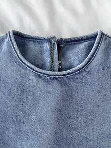 Set de 2 piezas de pantalones cortos sueltos con volantes en el bajo para niñas bebé de mezclilla azul sin mangas - Lavado ligero - Ver 8