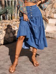 Breezaya Women's Button Front Ruffle Hem Casual Denim A-Line Skirt Summer  Vacation