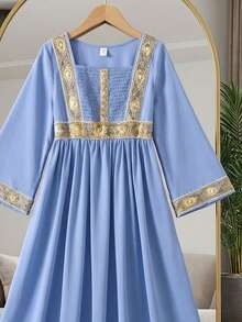 Váy dài tay rộng họa tiết hoa phong cách cung điện cổ điển thanh lịch cho bé gái tuổi mới lớn, màu xanh - Màu xanh lam - Xem 4