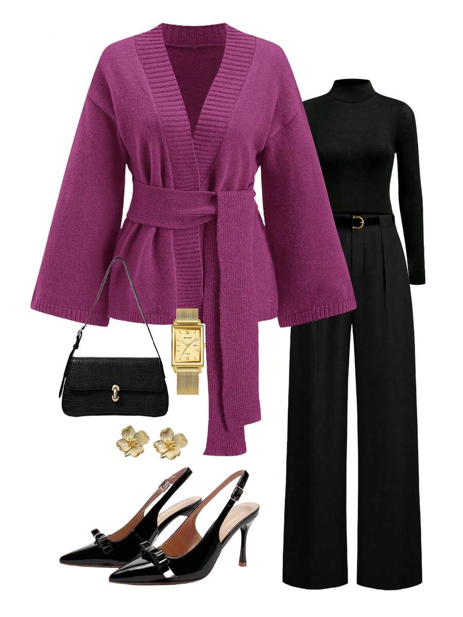 Ellevyn Áo len cardigan dệt kim tay dài buộc eo màu trơn dành cho nữ vào mùa thu/đông - Màu tím  Violet - Xem 1