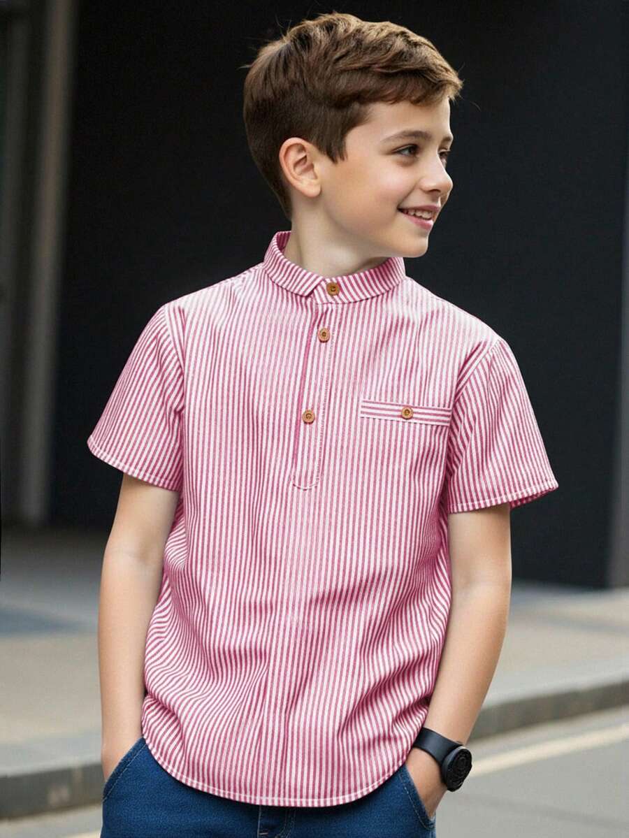 SHEIN 男童条纹印花短袖衬衫 - 粉色 - 查看 1