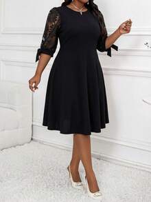 SHEIN Lady Plus Size Lace Patchwork Round Neck Elegant Dress Plus Size Black Elegant Dress Black Elegant Dress Curve Half Sleeve Dress Black Church Dress Maweii Plus Size Dress - Black - View 3