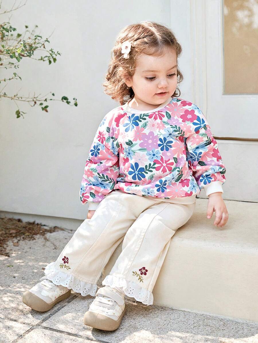 Cozy Pixies Áo nỉ chui đầu cổ tròn tay dài in họa tiết hoa cho bé gái, áo nỉ chui đầu dày lót nhiệt - Hồng - Xem 1