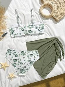 SHEIN 少女印花荷叶边吊带时尚比基尼泳衣套装，含迷你裙，夏季海滩