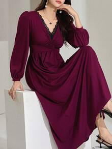 DAZY Damen elegantes Kontrast-Spitzen-V-Ausschnitt-Ballonärmel-Raffung-Taille-Midi-Kleid, Frühlings-/Herbst-Sommerkleid - Bordeaux - Übersicht 2