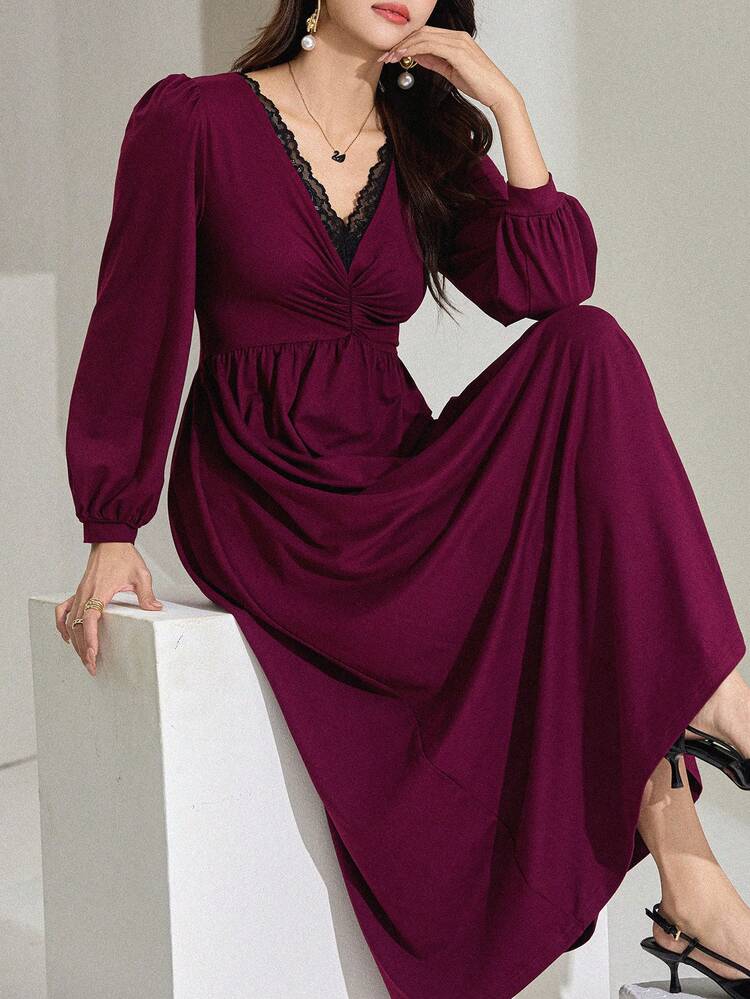 Women's Elegant Contrast Lace V-Neck Lantern Sleeve Ruched Waist Midi Dress, Spring/Autumn Sundress