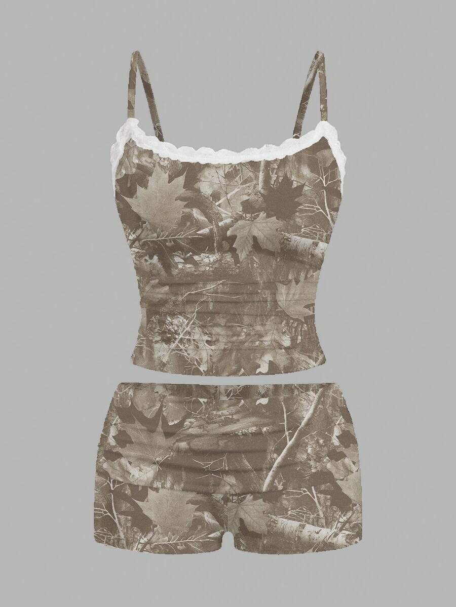 SHEIN EZwear 两件套女士蕾丝吊带背心和褶皱短裤,适合夏季穿着 - 彩色 - 查看 1