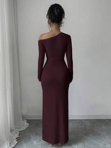 Elenzga 1件女士纹理面料金属装饰仿裹身腰连衣裙，优雅职场装扮 - 酒紅色 - 查看 2