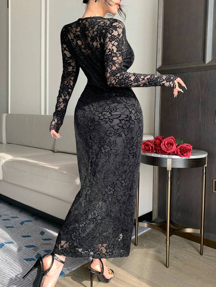 French Lace V-Neck Elegant High-End Cinched Waist Long Dress For Women Dress Sundress