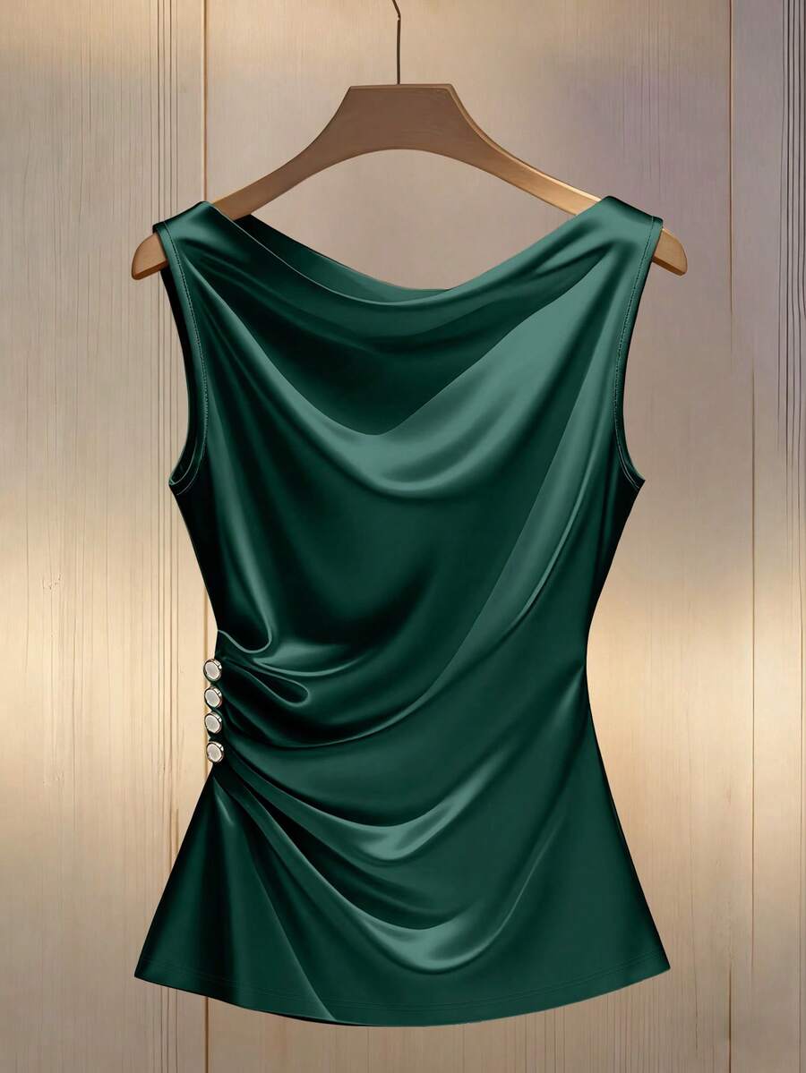 Franclia 优雅修身褶裥装饰纽扣收腰女士吊带衫 - 墨綠色 - 查看 1