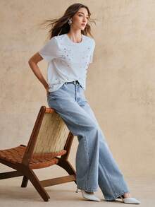 Anewsta 直筒休闲浅蓝色宽松牛仔裤，带口袋 - 藍色 - 查看 7