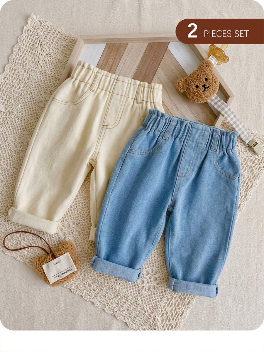 男婴纯色弹力腰斜插口袋休闲裤