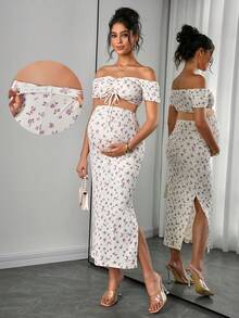 Bộ đồ bầu 2 món gồm áo và chân váy xếp ly thắt eo in họa tiết, kiểu dáng ôm sát. - Nhiều màu - Xem 9