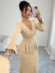 SHEIN Elenzya Women's V-Neck Ruffle Hem Flare Sleeve Top And Fish Tail Skirt Elegant Party Outfit - Apricot - View 4