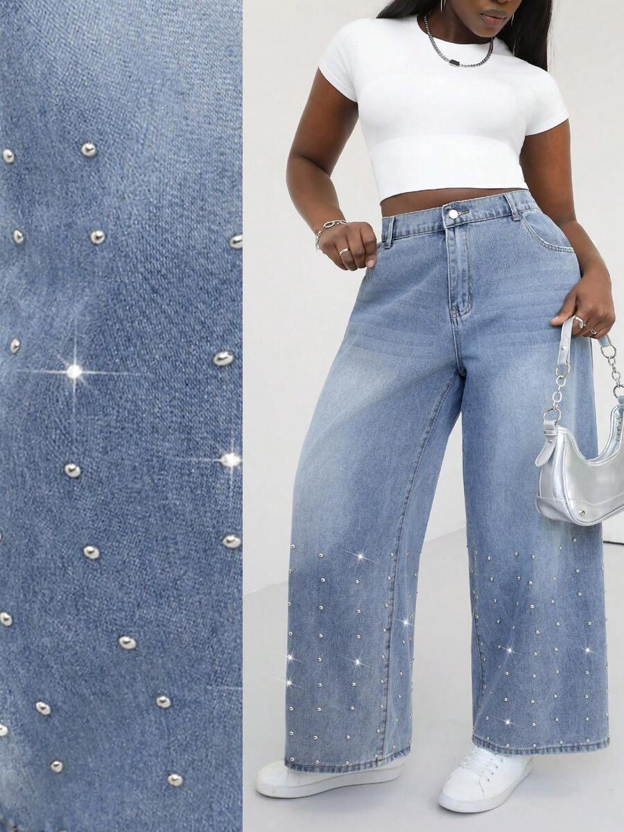 Slaydiva Quần jeans cỡ lớn, kiểu dáng thường ngày, đã qua xử lý, đính đá lấp lánh. - Màu xanh lam - Xem 1