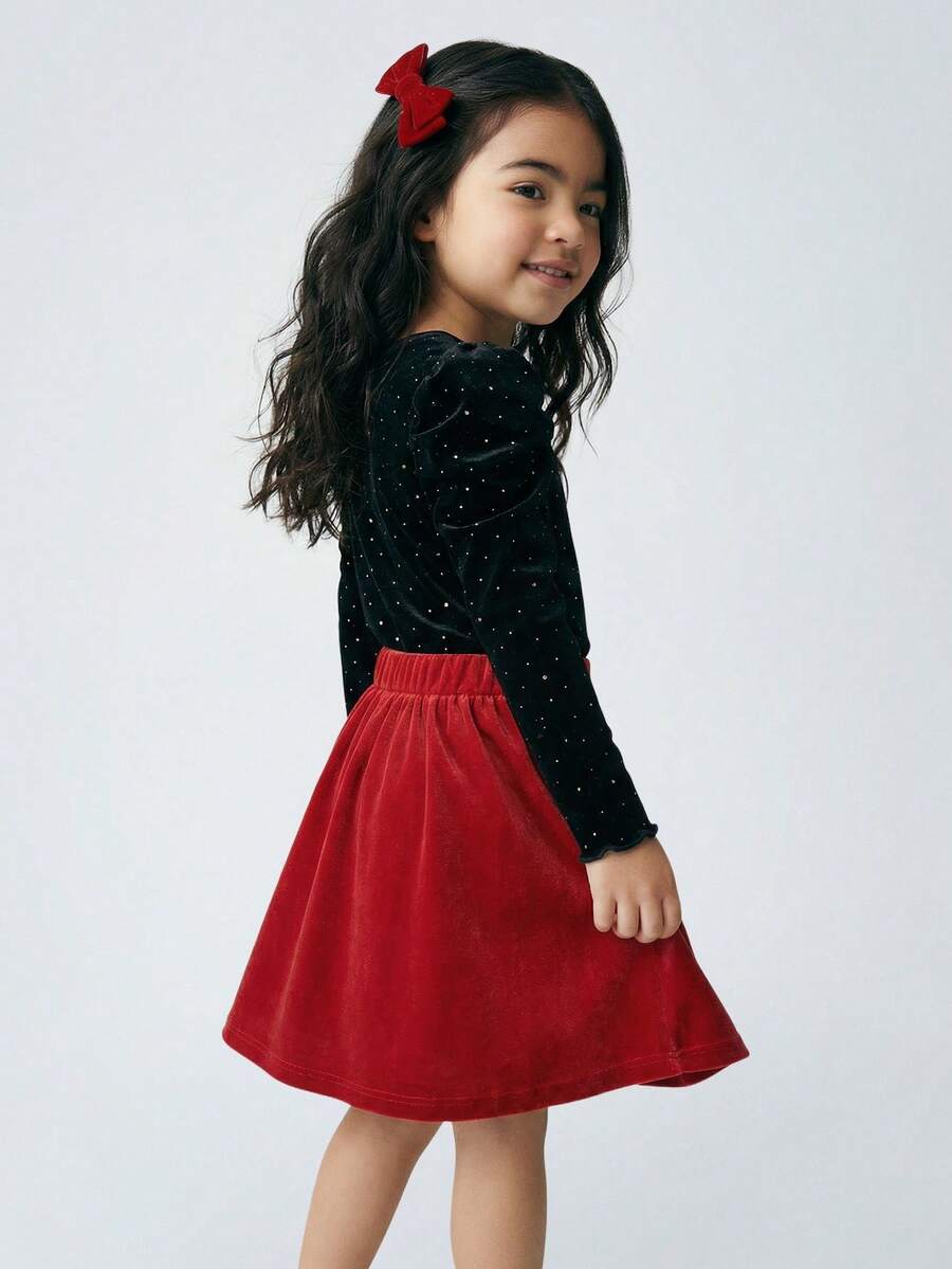 Maija Kids Young Girl Black Velvet Glitter Round Neck Puff Sleeve Casual Long Sleeve T-Shirt - Black - View 1