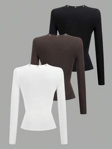 INAWLY Women's Solid Color Round Neck Metal Eyelet Fitted Long Sleeve T-Shirt - Black - View 2