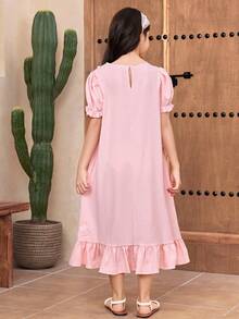 Vestido holgado y cómodo de manga abullonada con cuello redondo, lazo decorativo y estilo minimalista casual para niñas preadolescentes - Rosa vieja - Ver 3