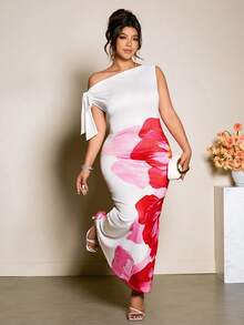 Cravure Spring/Summer Ombre Floral Placement Print Asymmetric Shoulder Bowknot Waist Fitted Long Dress, Elegant & Sophisticated, Suitable For Work, Casual Wear, And Special Occasions - Multicolor - View 5