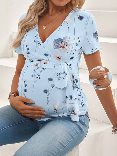 SHEIN Maternity V-Neck Short Sleeve T-Shirt, Fashionable For Summer