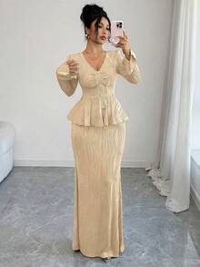 SHEIN Elenzya Women's V-Neck Ruffle Hem Flare Sleeve Top And Fish Tail Skirt Elegant Party Outfit - Apricot - View 5