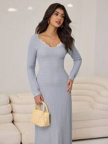 Aidyla Vestido longo feminino com detalhes em renda e textura, perfeito para o outono/inverno. - Cinza Azul - Ver 4