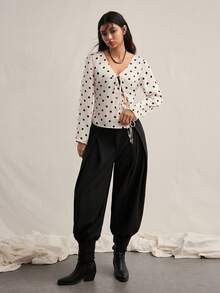 Easelle 女士波点印花V领系带休闲长袖开衫 - 杏色 - 查看 3