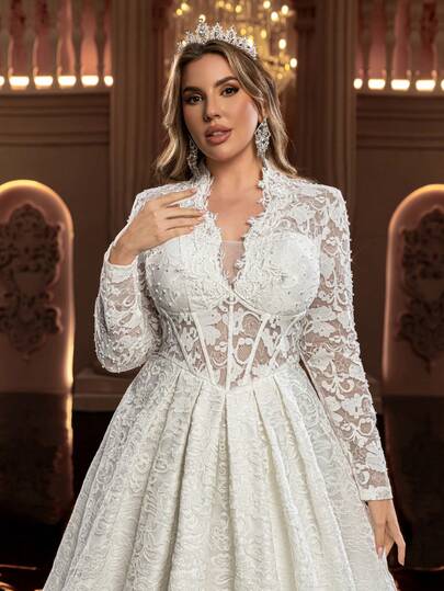 Glamrae 大码优雅浪漫宫廷风白色长袖薄纱立领腰部鱼骨装饰奢华法式蕾丝拼接A字婚纱