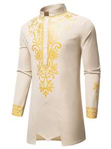 Manfinity AFTRDRK 男士立领纽扣半开襟花卉印花不对称下摆休闲百搭通勤长袖衬衫黄色两件套男士穆斯林服装黄白男士套装男士非洲服装阿拉伯服装 - 卡其色 - 查看 4