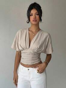 Aloruh 女士纯色V领褶皱时尚衬衫，休闲夏季上衣，套头衫，教师制服，商务休闲装，优雅时尚的V领衬衫，落肩设计，收腰，固定褶皱，显瘦，适合办公室通勤。 - 杏色 - 查看 9