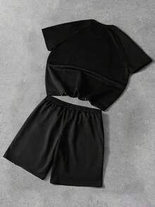 PAVTROS 男士罗纹插肩袖T恤，反光条纹拼接短袖短裤，休闲运动款 - 黑色 - 查看 2