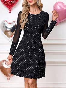 SHEIN Clasi 女士优雅波点印花网纱拼接迷你连衣裙 - 黑與白 - 查看 7