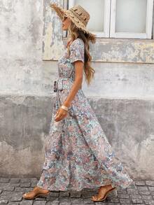 Brillora Spring/Summer Vacation Woven Printed Long Sleeve Dress For Women Long Floral Dress Women Women Vacation Dress Boho Summer Dress Women Short Sleeve Maxi Dress Women Cottagecore Dress - Multicolor - View 5