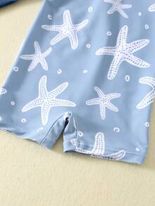 SHEIN Baby Boy/Girl Casual Vacation Starfish Pattern Color Block One-Piece Rash Guard Swimsuit, Long Sleeve Sun Protection Swimwear Suitable For Spring, Summer, Autumn, Winter Swimming, Surfing, Beach, Hot Spring - Blue - View 5
