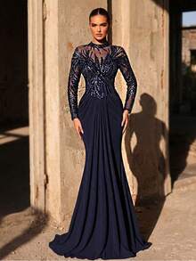 Glamrae Elegant Navy Blue Luxurious 3D Beaded & Sequin Embroidered Asymmetrical Neck Sheer Long Sleeve Ruched Fishtail Formal Gown, Suitable For All Formal Occasions - Navy Blue - View 3