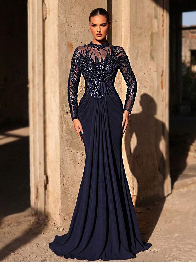 Glamrae שמלה רשמית אלגנטית בצבע כחול כהה מפואר עם חרוזים תלת-ממדיים ונצנצים, צווארון א-סימטרי, שרוולים ארוכים ושקופים, זנב דג, מתאימה לכל אירוע רשמי - כחול נייבי - ראה 2