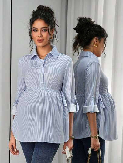 Momance Fashionable Striped Long Sleeve Casual Maternity Shirt