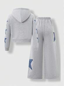 SHEIN Explorewe Conjunto de sudadera con capucha de unicolor con estampado de estrellas para niñas, otoño/invierno - Gris - Ver 6