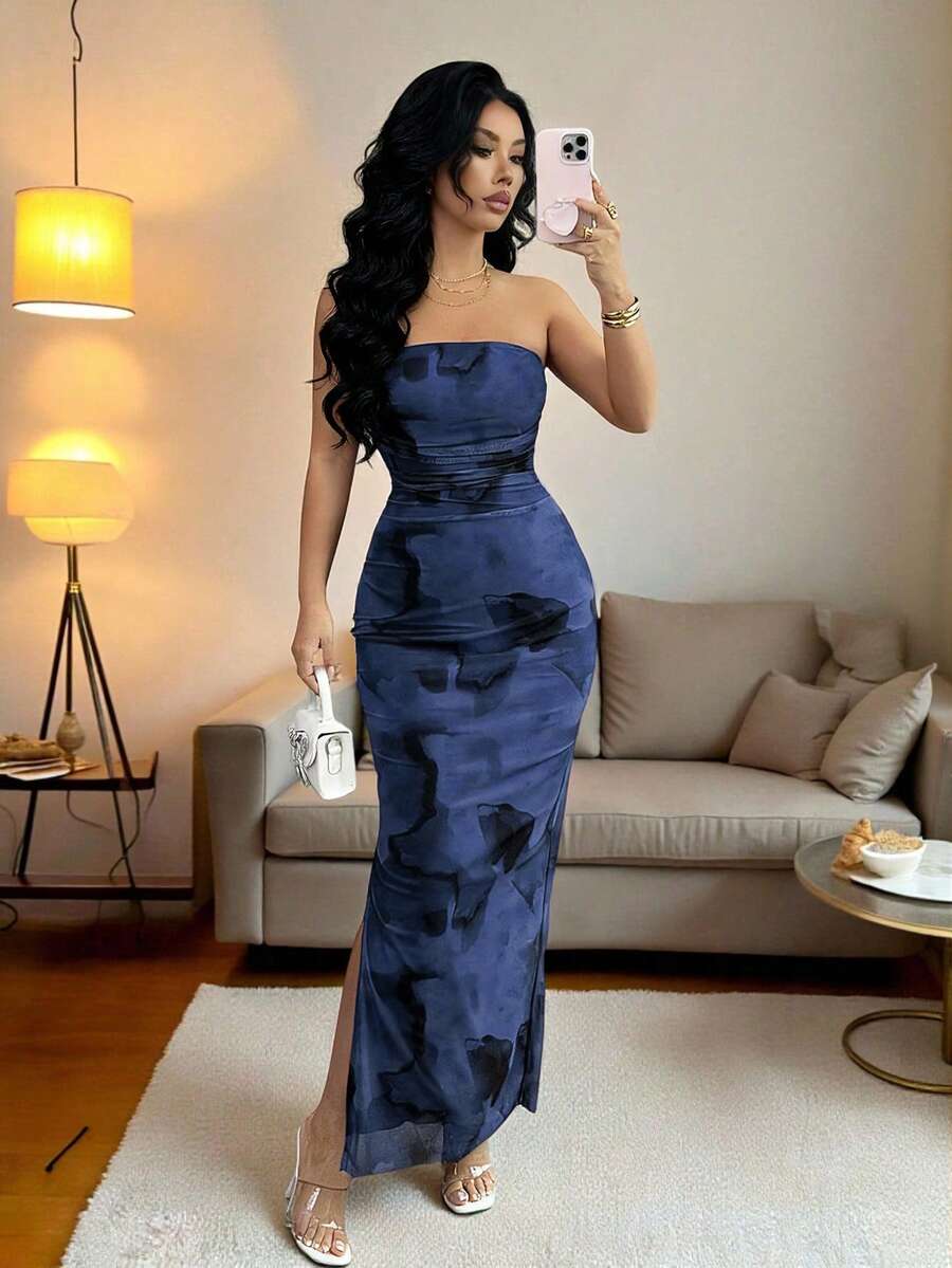 Rafferiza Đầm dự tiệc không dây vai, xẻ tà, chất liệu lưới, xếp ly, in họa tiết tie-dye thanh lịch dành cho nữ. - Màu xanh hải quân - Xem 1