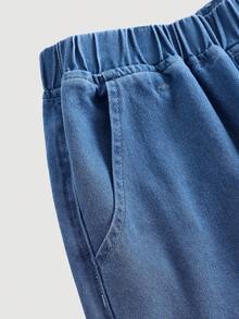 SHEIN 2Pcs Teen Girls Fashion Casual Y2k Vintage Cool Street Two Pieces Set Of Comfortable Blue Denim Sleeveless Vest With Ruffled Edges And Comfortable Loose Elastic Waistband Jeans For Kids Clothes Teen Girls Dailywear And Kids Spring And Summer Rave Outfits Festival And Outfits Streetwear Clothes - Blue - View 5