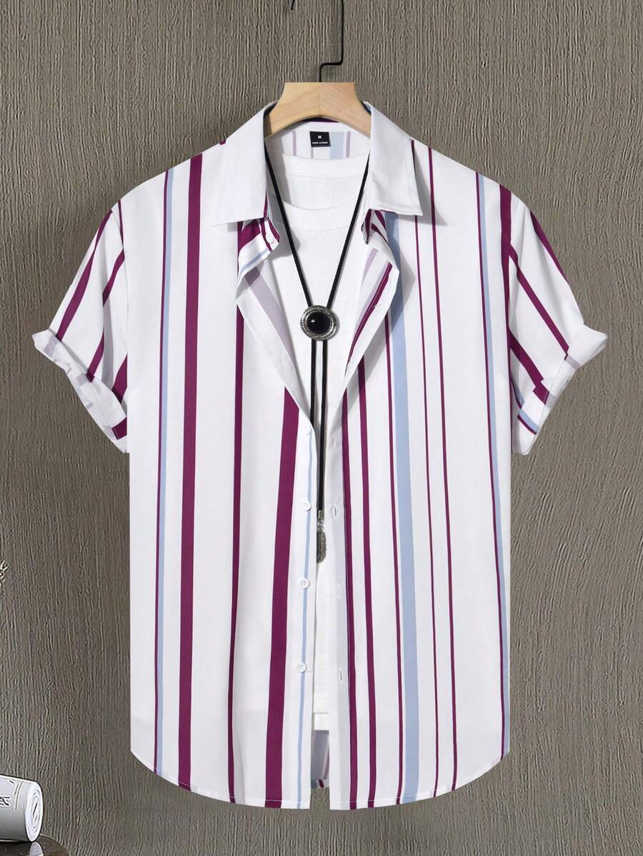 Manfinity Homme Áo sơ mi tay ngắn dáng casual, in sọc, cài cúc phía trước (họa tiết không đều) - Nhiều màu - Xem 1