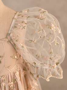 SHEIN 可爱少女休闲简约优雅绿色花卉刺绣网纱短袖连衣裙。适合外出、日常穿着、上学、旅行、度假以及春夏季节。 - 黃色 - 查看 6