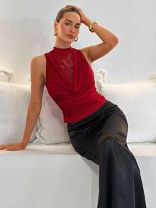 SHEIN Clasi Áo kiểu dáng thời trang đa năng dành cho nữ cỡ lớn, cổ tàu, phối ren, bèo nhún, thích hợp cho hẹn hò và dự tiệc. - Đỏ - Xem 5