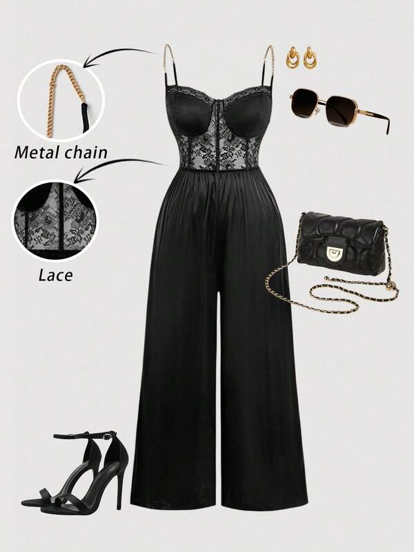SHEIN MOD Plus Size Black Metal Chain Straps Lace Patchwork Bustier Jumpsuit,Summer Elegant Formal Evening Night Out Club Wide Leg Tall Women Pants,New Year