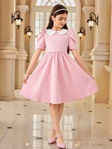 Robe élégante à col et manches bouffantes courtes avec décoration de perles, pour jeune fille en déplacement - Rose bonbon - Voir 5