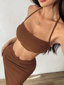 EgrlEra 女士度假休闲纯色吊带上衣和半身裙两件套 - 咖啡棕 - 查看 4