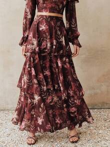 Anewsta Women's High Waist Elegant Ink Floral Print Layered Skirt - Burgundy - View 5